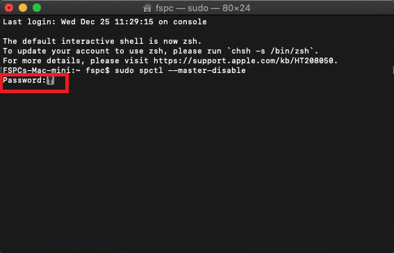 パスワードをうつ。 Macで開発者を確認できないため、修正プログラムを開くことができません