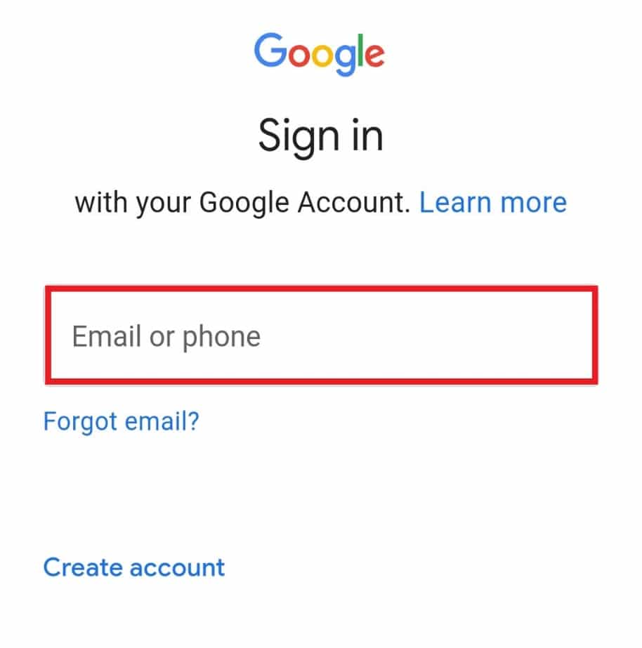 ingrese su correo electrónico o teléfono para iniciar sesión nuevamente en su cuenta de Google en el dispositivo