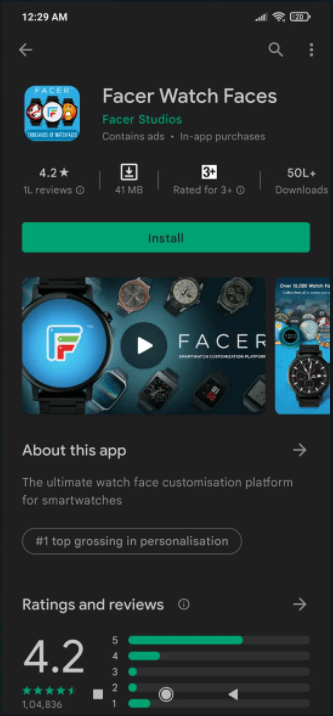 Vá para a Play Store e procure os Facer Watch Faces e clique em Instalar