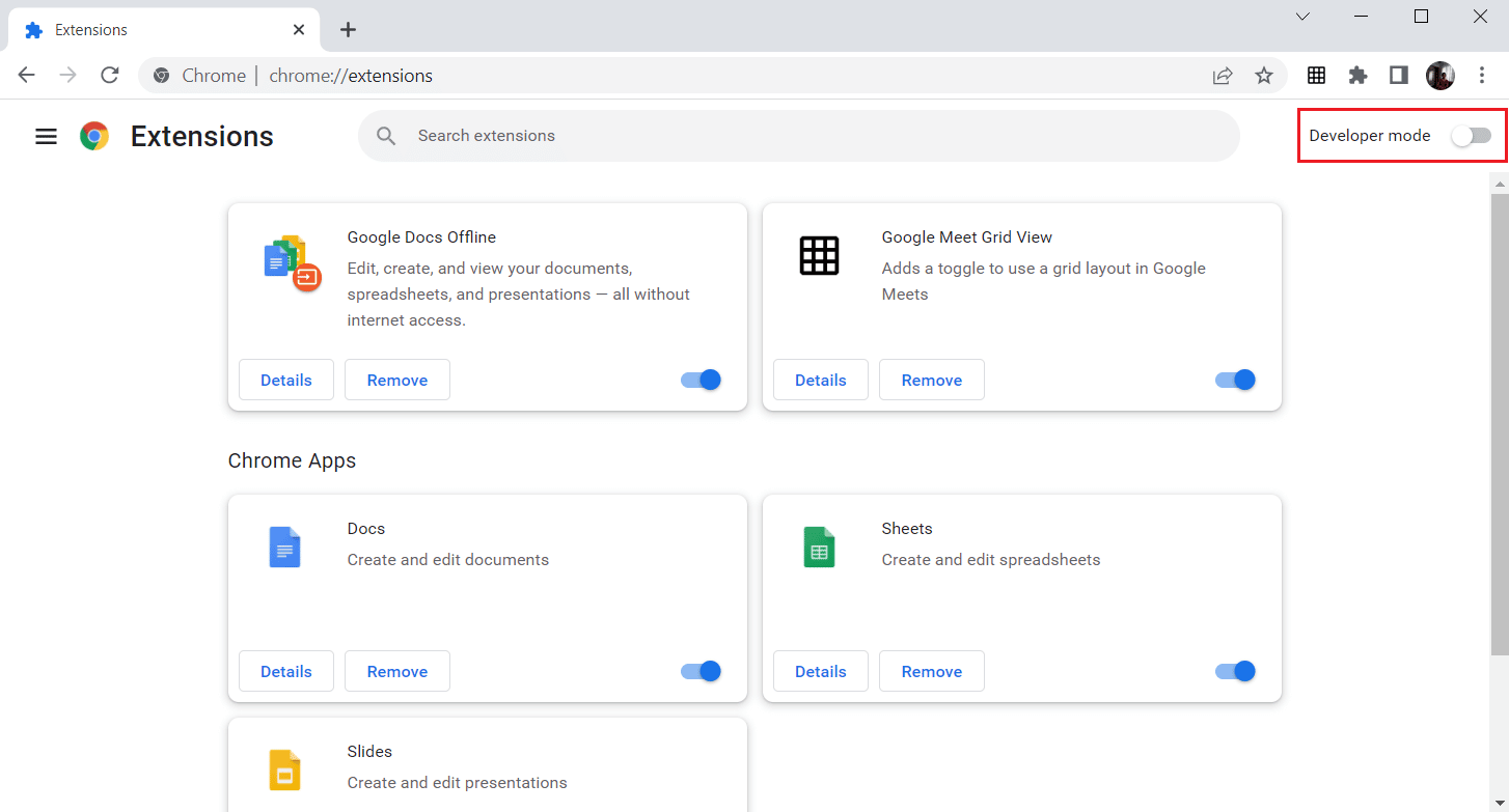 قم بتشغيل التبديل لخيار وضع المطور. إصلاح عدم حفظ Chrome لكلمات المرور في نظام التشغيل Windows 10