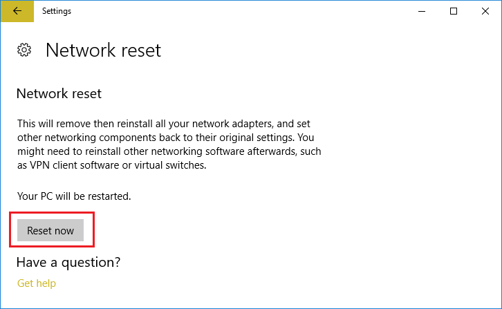 在网络重置下单击立即重置以修复高 Ping Windows 10