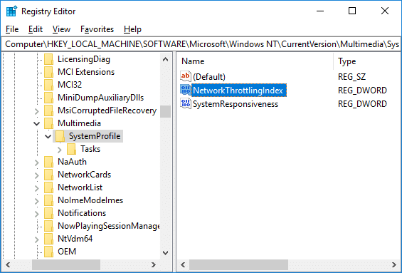 选择 SystemProfile 然后在右侧窗格中双击 NetworkThrottlingIndex