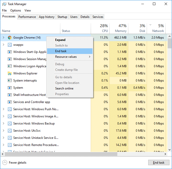 使用任务管理器禁用网络使用率高的应用程序 |修复高 Ping Windows 10