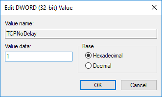 双击“TCPNoDelay”,然后在值数据字段下将值设置为 1