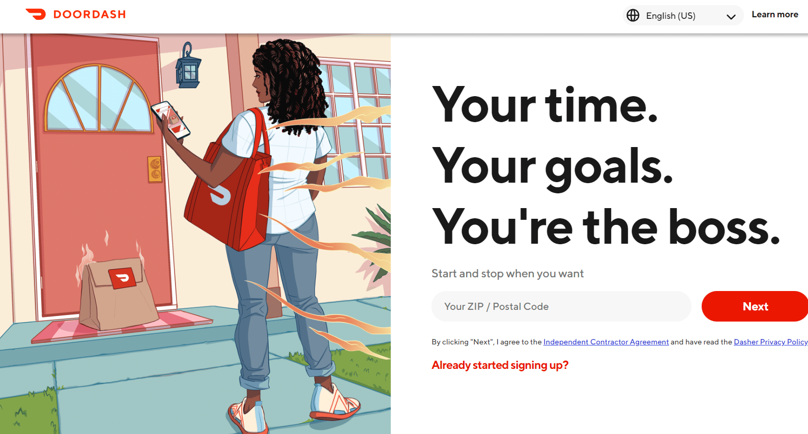 หน้าลงทะเบียน DoorDash Dasher