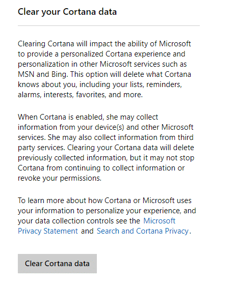 单击清除 Cortana 数据以禁用 Windows 10 中的数据收集