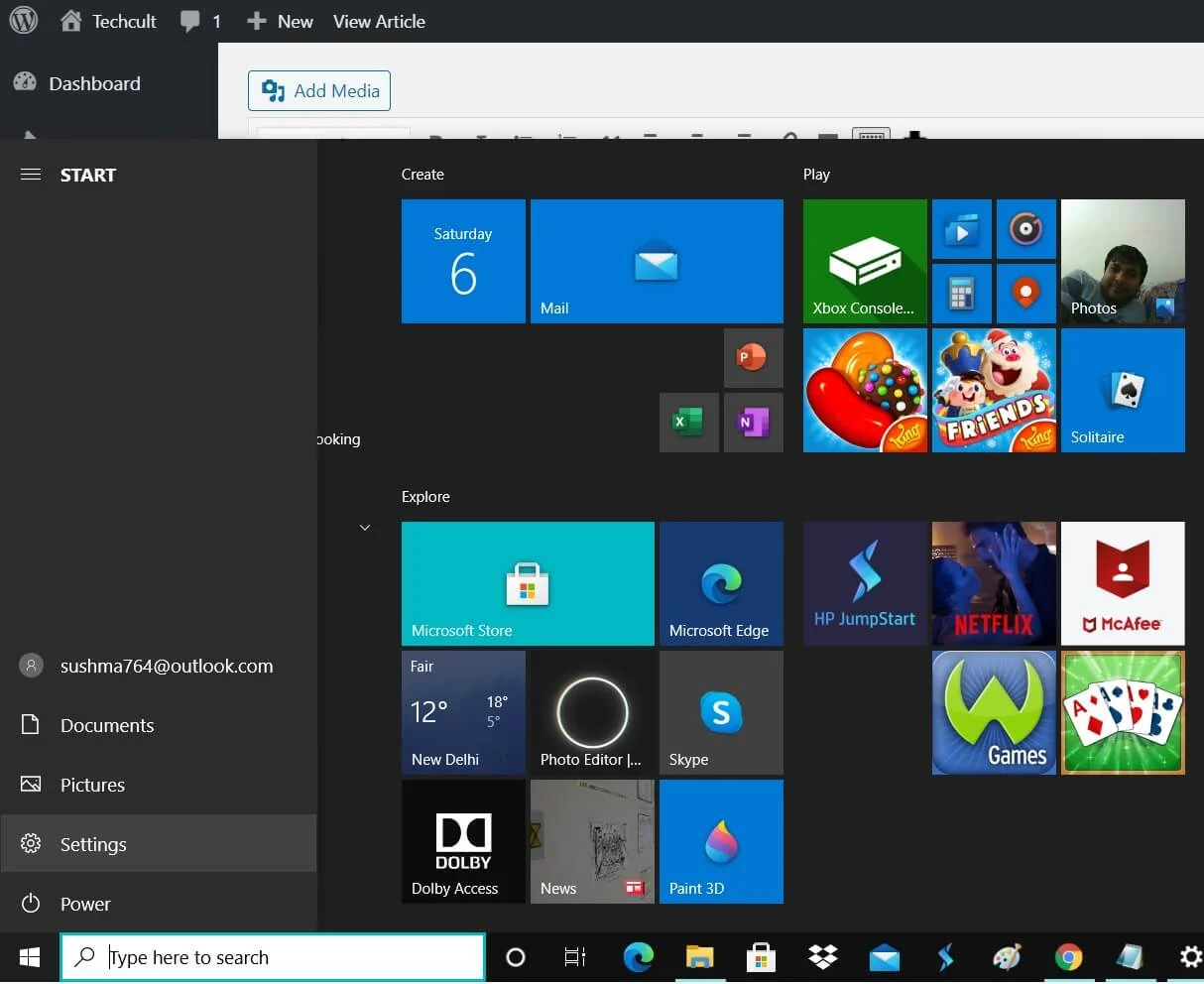 转到“开始”按钮现在单击“设置”按钮 |在 Windows 10 中禁用数据收集（保护您的隐私）