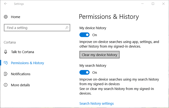 单击历史记录下的清除我的设备历史记录 |在 Windows 10 中禁用数据收集（保护您的隐私）