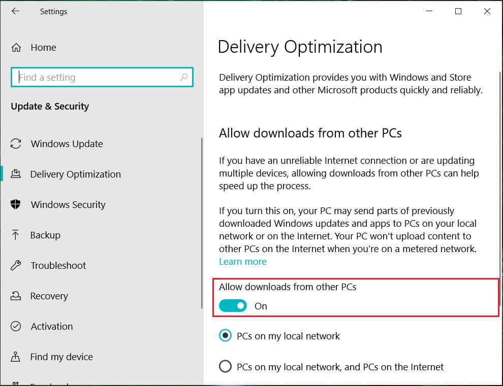 デフォルトでは、他のPCからのダウンロードを許可するはオンになっています