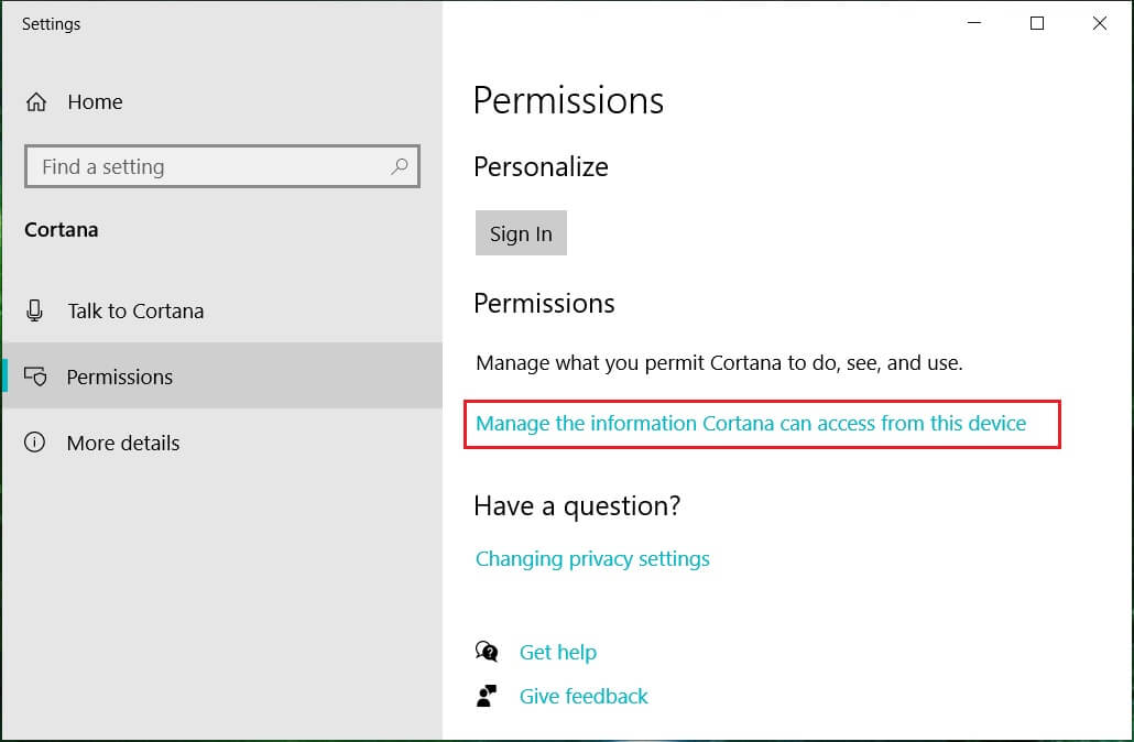 Cortanaがこのデバイスからアクセスできる情報の管理をクリックします