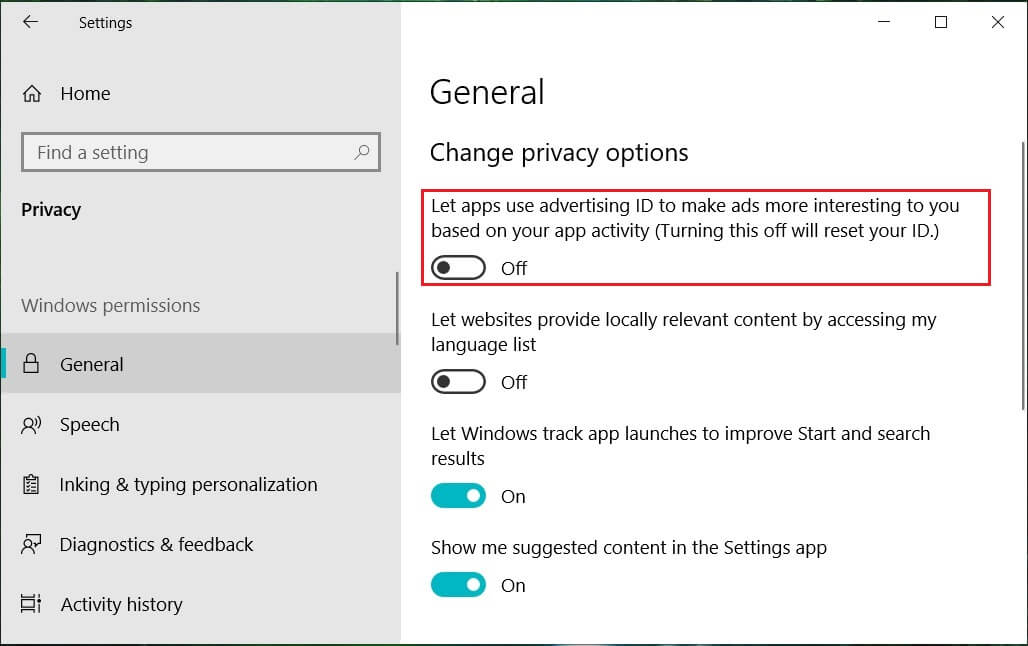 アプリ間でのエクスペリエンスのためにアプリに広告IDを使用させるをオフにします| Windows 10でデータ収集を無効にする(プライバシーを保護する)