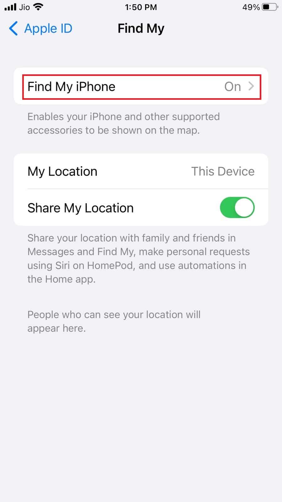 내 iPhone 찾기를 탭하여 옵션을 끕니다.