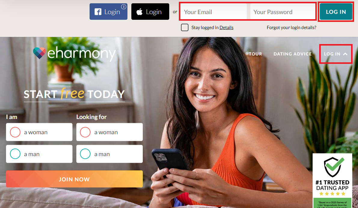 eharmonyの公式ページにアクセスし、メールアドレスとパスワードを入力してアカウントにログインします