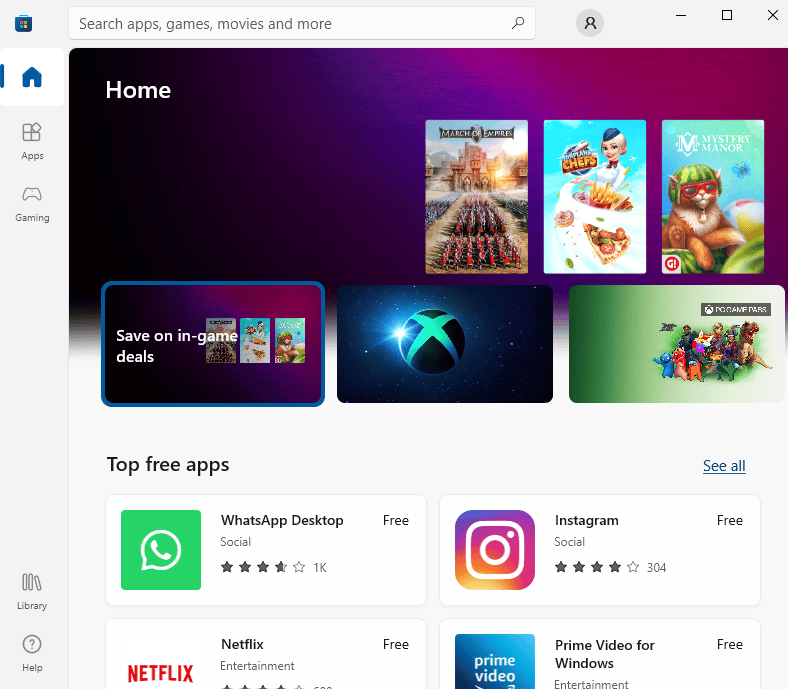 O aplicativo da Microsoft Store será aberto