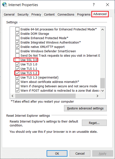 [SSL 3.0を使用する]オプションをオフにし、[TLS1.2を使用する]オプションをオンにします。 SeaofThievesサービスが一時的に利用できない問題を修正するLavenderbeard