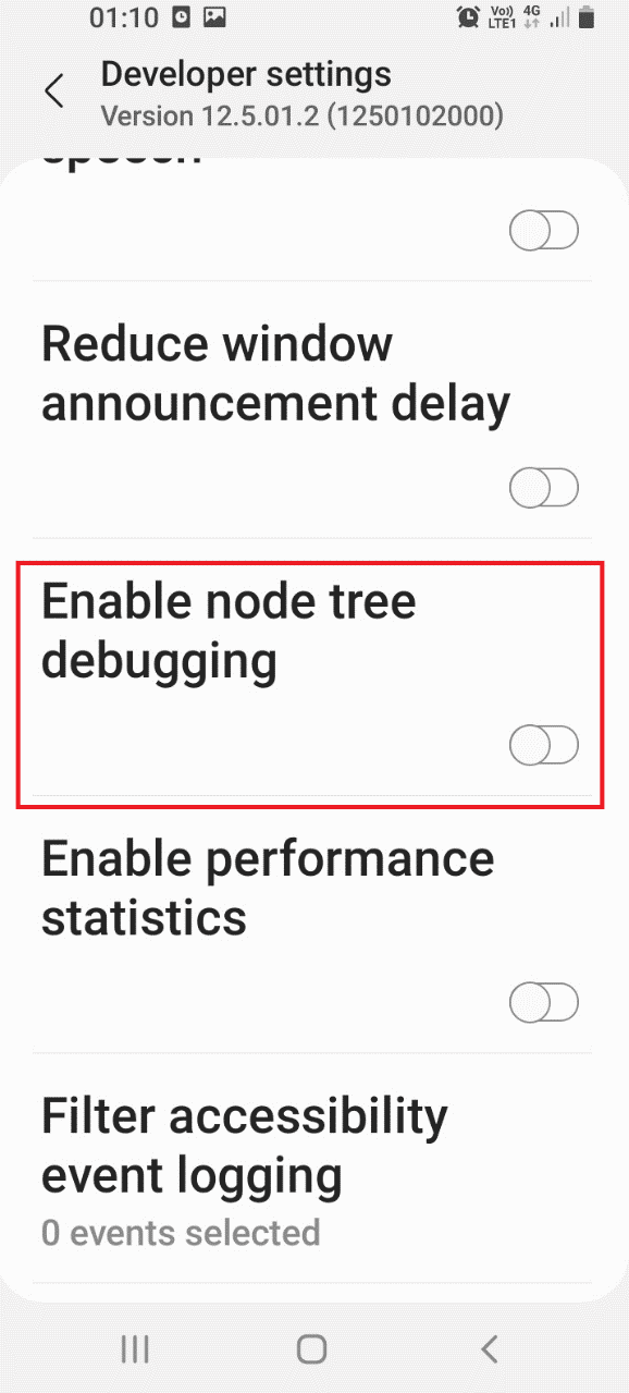 Desactive la configuración Habilitar depuración del árbol de nodos