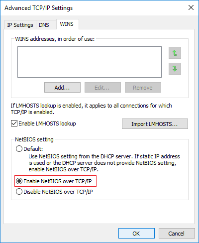 在 NetBIOS 设置下，勾选 Enable NetBIOS over TCP/IP