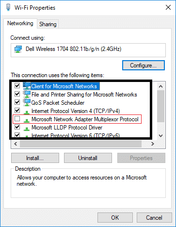 取消选中 Microsoft 网络适配器多路复用器协议以禁用 WiFi 共享