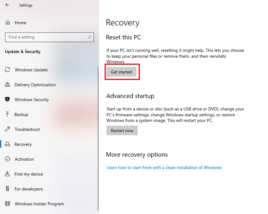 Haga clic en la opción de recuperación y seleccione comenzar para restablecer la computadora portátil | Cómo encontrar la contraseña de administrador en Windows 10