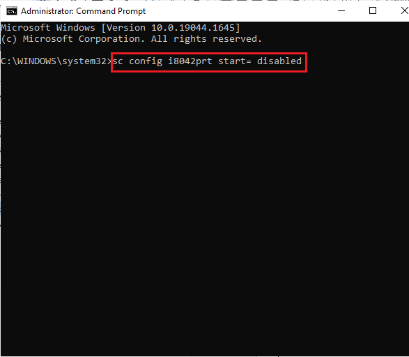 พิมพ์คำสั่ง sc config i8042prt start disabled ดังรูป