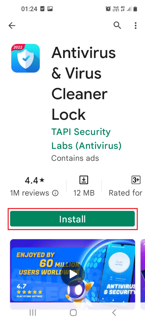 แตะที่ปุ่มติดตั้งเพื่อติดตั้งแอพ Antivirus and Virus Cleaner Lock