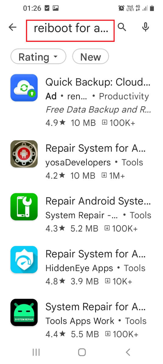 แตะที่แถบค้นหาและพิมพ์ reiboot สำหรับ Android แก้ไข Samsung Internet ช่วยให้เปิดได้ด้วยตัวเอง