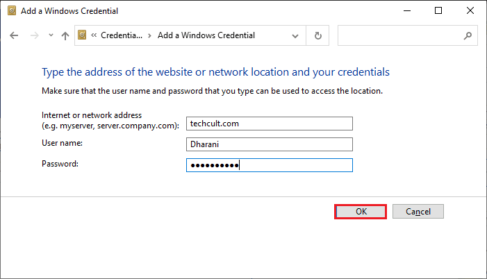 tapez l'adresse Internet ou réseau avec vos identifiants de nom d'utilisateur et de mot de passe et cliquez sur OK