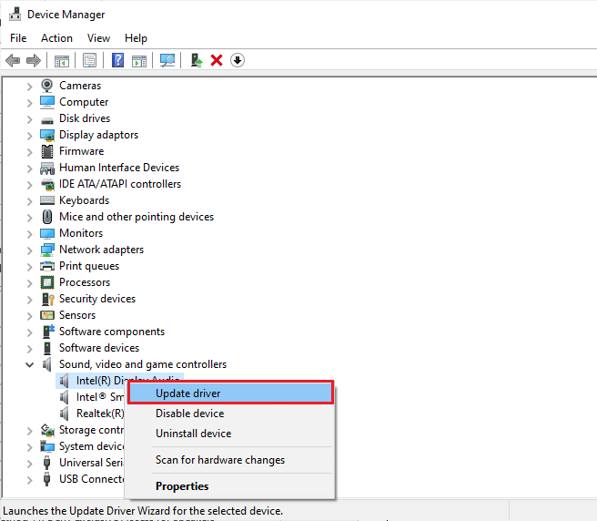 Haga clic derecho en su dispositivo de audio y seleccione Actualizar controlador