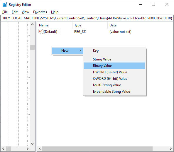 haga clic en Nuevo seguido de Valor binario. Arreglar el conector de audio frontal que no funciona en Windows 10