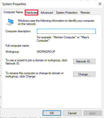 En la ventana emergente, vaya a la pestaña Hardware. Arreglar el conector de audio frontal que no funciona en Windows 10
