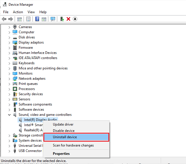 Haga clic derecho en su dispositivo de audio y seleccione Desinstalar dispositivo. Arreglar el conector de audio frontal que no funciona en Windows 10