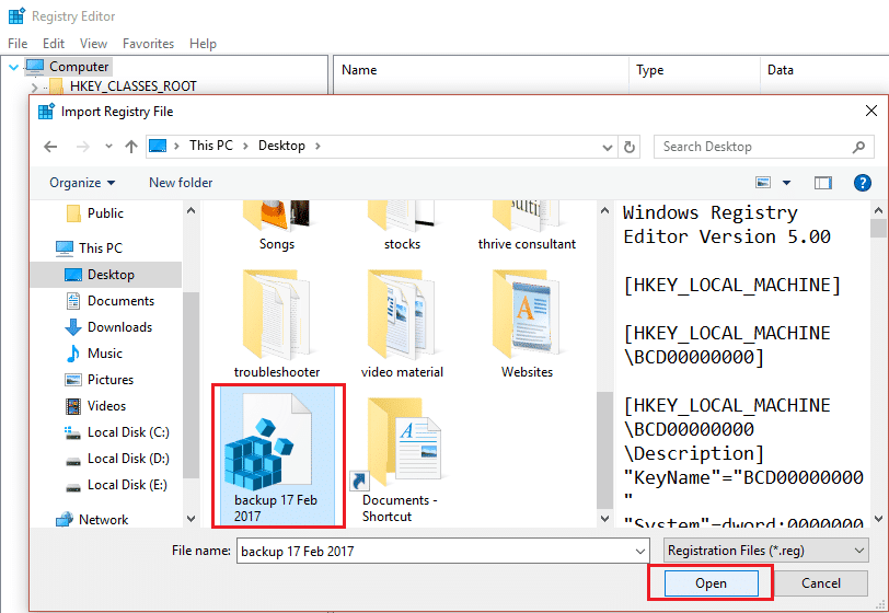 Restaurar registro desde la importación de archivos de copia de seguridad
