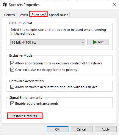 cambie a la pestaña Avanzado y haga clic en Restaurar valores predeterminados. Arreglar el conector de audio frontal que no funciona en Windows 10