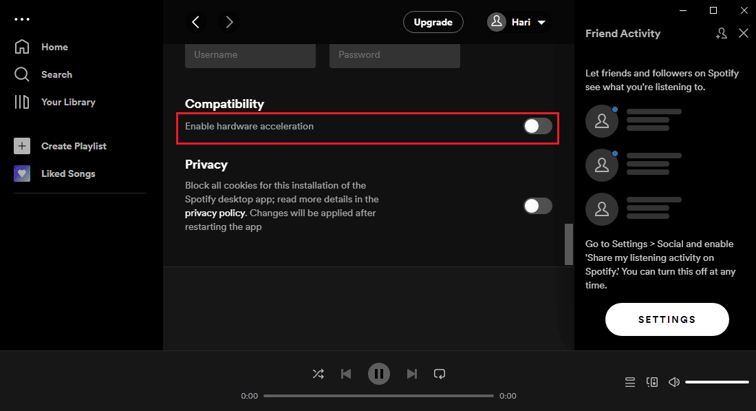 Desactive la opción Habilitar configuración de aceleración de hardware en la sección Compatibilidad de la pantalla Configuración