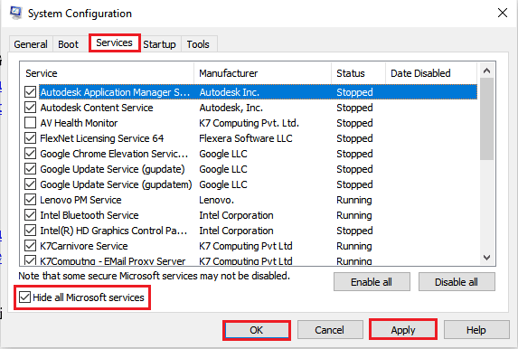 seleccione todos los servicios de NVIDIA y haga clic en los botones Aplicar y Aceptar. Arreglar la superposición de NVIDIA que no funciona en Windows 10