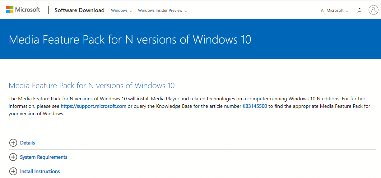 Abra el sitio web oficial de la página de descarga de Microsoft Media Pack