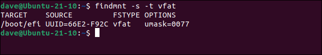 使用 findmnt 在 /etc/fstab 中搜索 vfat 文件系统挂载
