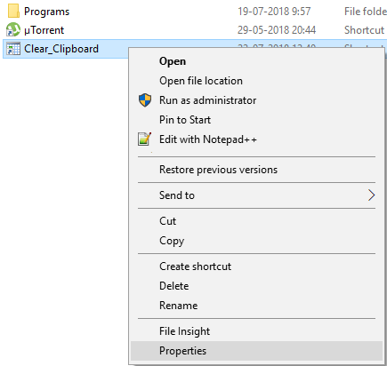 Clear_Clipboardショートカットを右クリックして、[プロパティ]を選択します