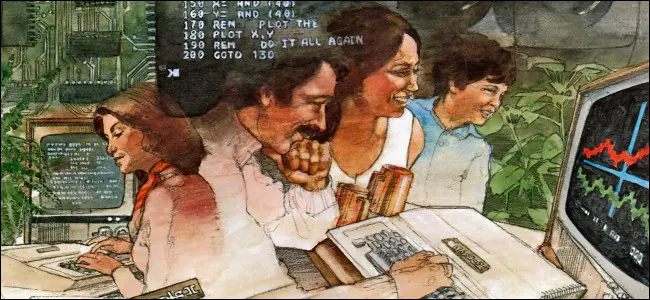 ภาพประกอบของคนที่ใช้คอมพิวเตอร์ Apple II จาก "คู่มือ Applesoft BASIC" ที่ตีพิมพ์ในปี 1978