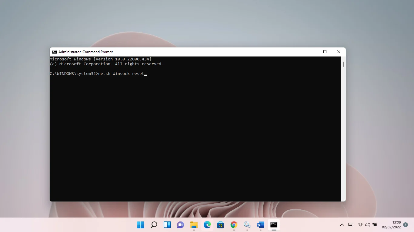 Tapez netsh Winsock reset et appuyez sur la touche Entrée