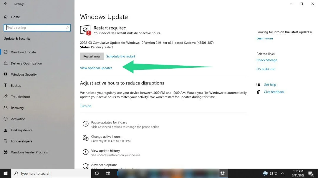 คลิกที่ดูการปรับปรุงเพิ่มเติมในไคลเอนต์ Windows Update