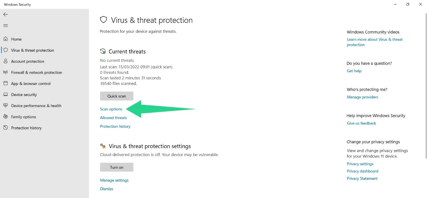 Execute a ferramenta de proteção contra vírus e ameaças do Windows