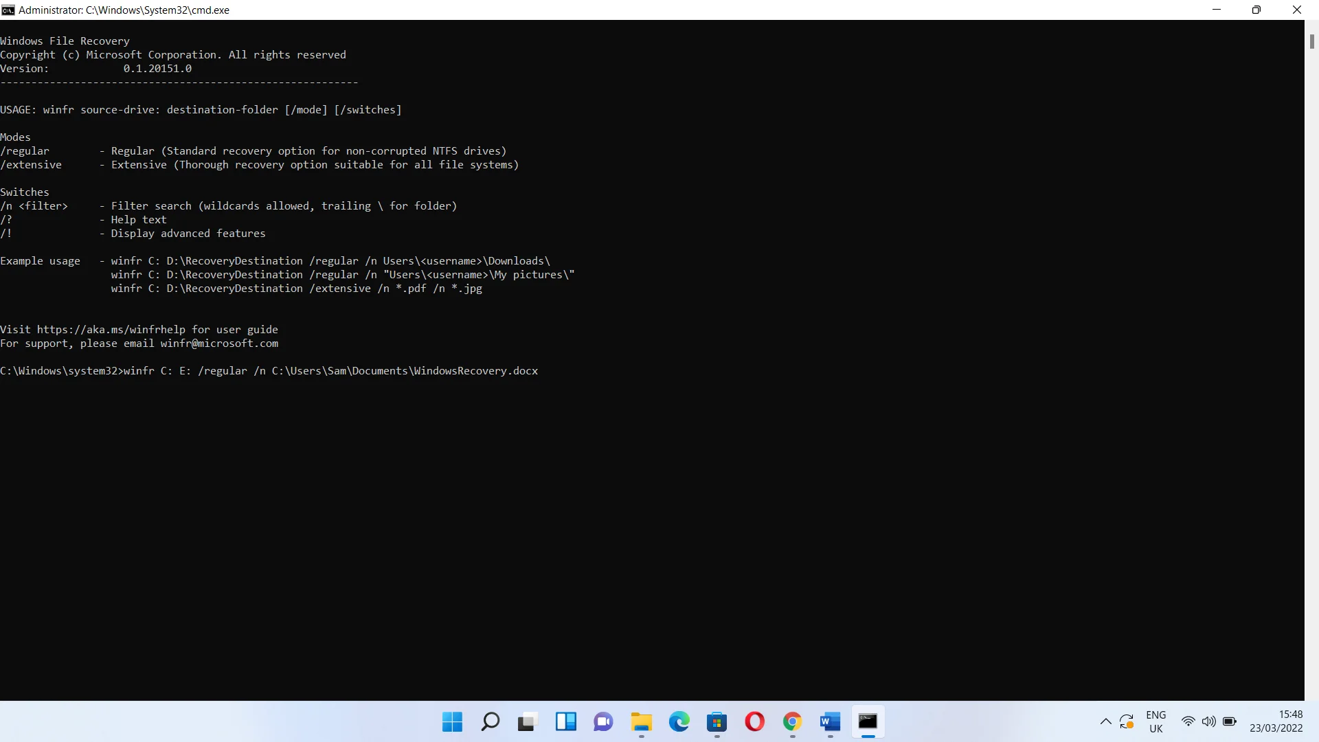 winfr source-drive：destination-drive：[/ mode][/switches]と入力します