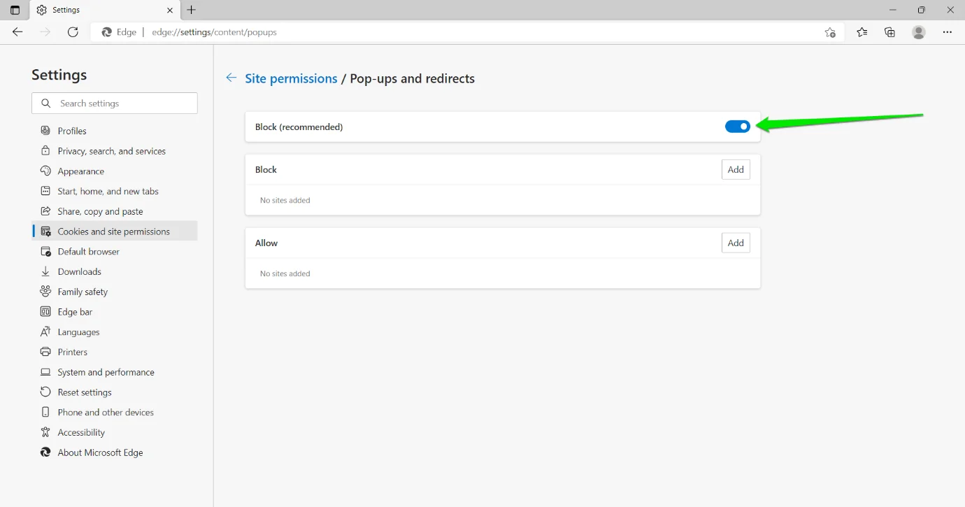 จะหยุดป๊อปอัปของเบราว์เซอร์ใน MS Edge ได้อย่างไร