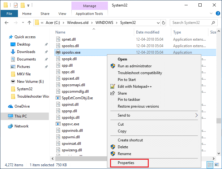 右键单击 System32 下的 spoolsv.exe 并选择 Properties