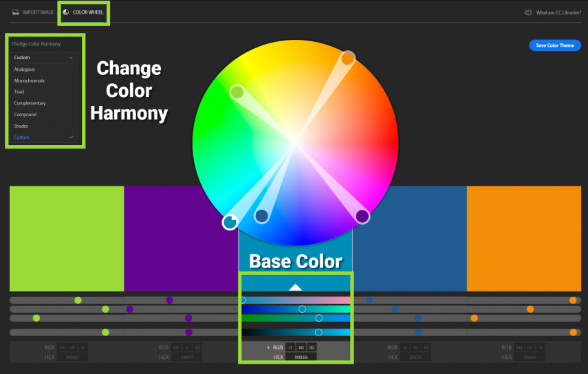 Zrzut ekranu funkcji Adobe CC Color Wheel