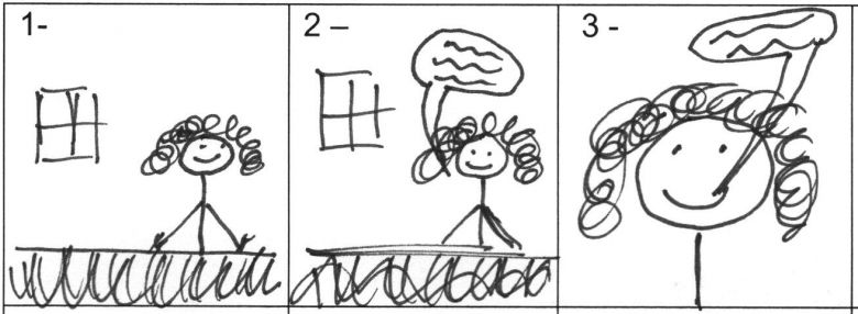 Esempio di storyboard. Il primo fotogramma mostra una donna seduta dietro una scrivania. Il secondo fotogramma la mostra dietro la scrivania e sta parlando. Il terzo fotogramma la mostra in primo piano e mentre parla.