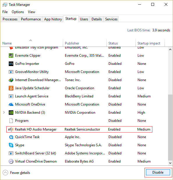 切换到启动选项卡并禁用 Realtek HD 音频管理器