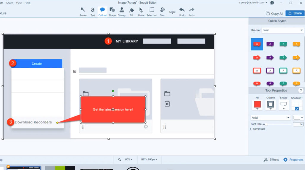 Snagit-Benutzeroberfläche in Aktion, mit Screenshot, Callouts und Schritt-Tool