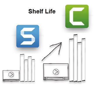 Illustration montrant le logo Snagit avec des vidéos à durée de conservation plus courte par rapport au logo Camtasia avec des vidéos à durée de conservation plus longue